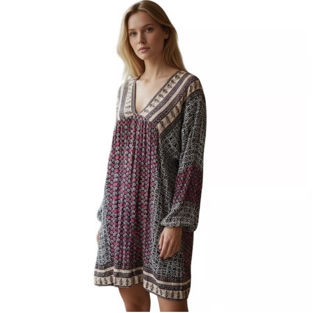 Umgee Patchwork Tunic Top Boho Dress with Tie at Back S